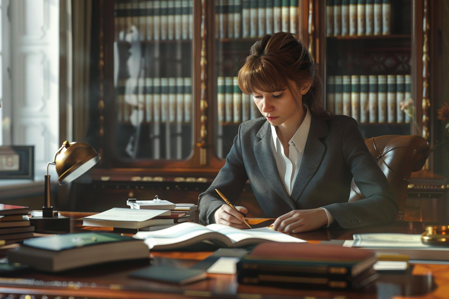 Professional reviewing documents at a legal desk